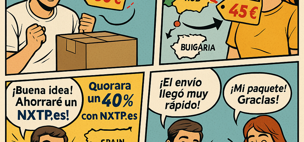 Cómic educativo sobre la estrategia de NXTP.es para reducir costos de envíos España–Bulgaria usando hubs logísticos.