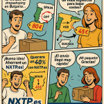 Cómic educativo sobre la estrategia de NXTP.es para reducir costos de envíos España–Bulgaria usando hubs logísticos.