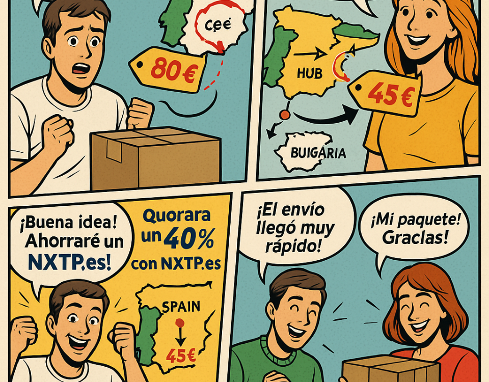 Cómic educativo sobre la estrategia de NXTP.es para reducir costos de envíos España–Bulgaria usando hubs logísticos.