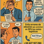 Cómic de cuatro viñetas de NXTP.es mostrando cómo evitar errores de aduana que incrementan un 30% los costos logísticos al exportar a Bulgaria.