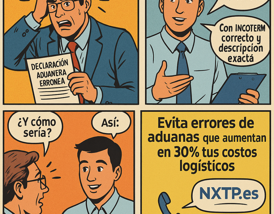 Cómic de cuatro viñetas de NXTP.es mostrando cómo evitar errores de aduana que incrementan un 30% los costos logísticos al exportar a Bulgaria.
