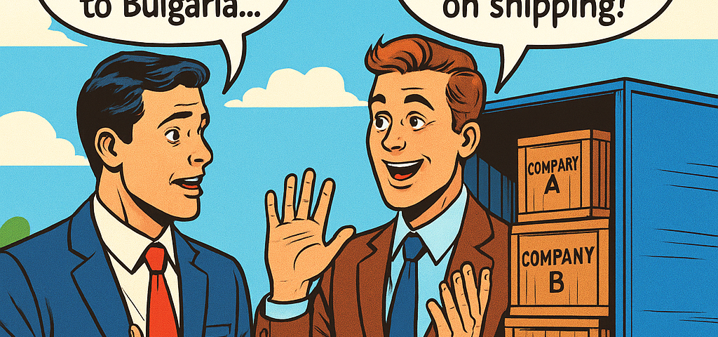 Ilustración estilo cómic de NXTP.es promocionando transporte consolidado para PYMES a Bulgaria, mostrando dos empresarios conversando sobre ahorrar un 60% compartiendo un contenedor.