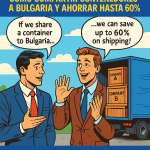 Ilustración estilo cómic de NXTP.es promocionando transporte consolidado para PYMES a Bulgaria, mostrando dos empresarios conversando sobre ahorrar un 60% compartiendo un contenedor.