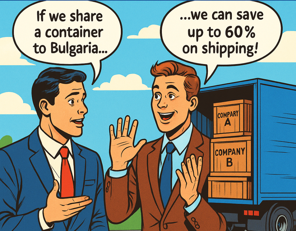Ilustración estilo cómic de NXTP.es promocionando transporte consolidado para PYMES a Bulgaria, mostrando dos empresarios conversando sobre ahorrar un 60% compartiendo un contenedor.