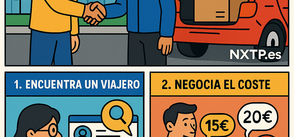Ilustración cómic Flat Design sobre envío con seguro barato a Bulgaria por 1 €, con logo NXTP.es.