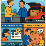 Ilustración cómic Flat Design sobre envío con seguro barato a Bulgaria por 1 €, con logo NXTP.es.