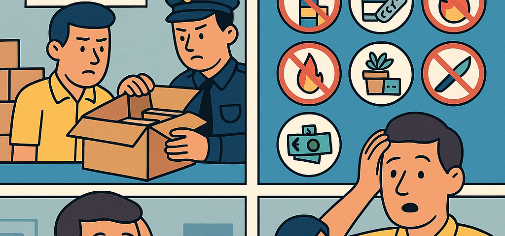 Ilustración cómic Flat Design sobre objetos prohibidos en envíos España-Bulgaria, con logo NXTP.es.
