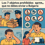 Ilustración cómic Flat Design sobre objetos prohibidos en envíos España-Bulgaria, con logo NXTP.es.