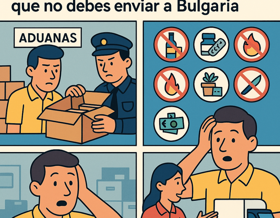 Ilustración cómic Flat Design sobre objetos prohibidos en envíos España-Bulgaria, con logo NXTP.es.