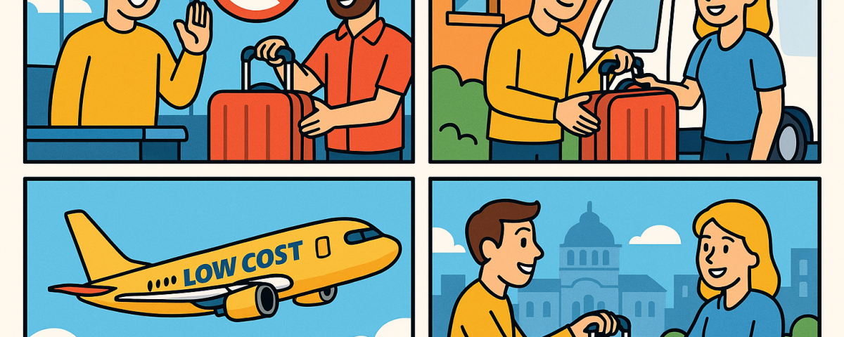 Ilustración cómic Flat Design sobre cómo enviar maletas como paquetería a Bulgaria para ahorrar en aerolíneas low cost, con logo NXTP.es.