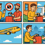 Ilustración cómic Flat Design sobre cómo enviar maletas como paquetería a Bulgaria para ahorrar en aerolíneas low cost, con logo NXTP.es.