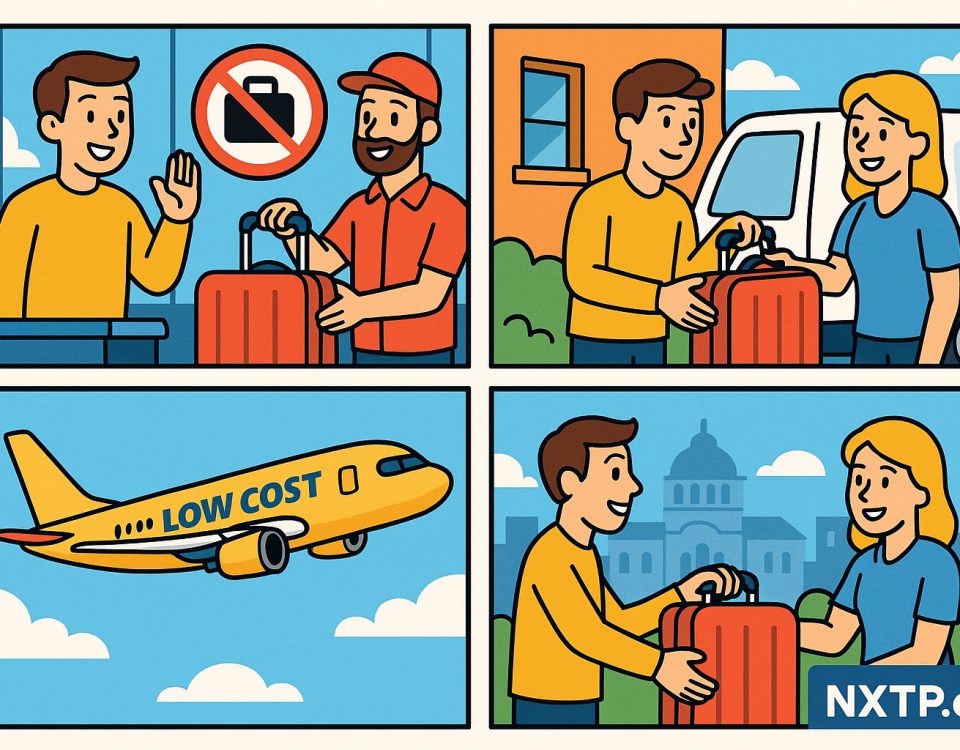 Ilustración cómic Flat Design sobre cómo enviar maletas como paquetería a Bulgaria para ahorrar en aerolíneas low cost, con logo NXTP.es.