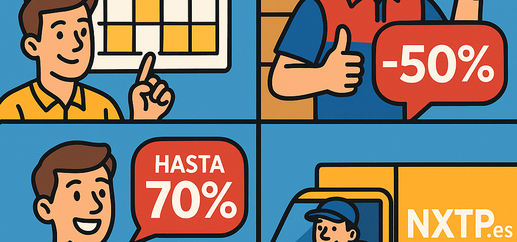 Ilustración cómic Flat Design sobre temporadas baratas de envíos en 2024 con descuentos hasta el 70%, calendario y logo NXTP.es.