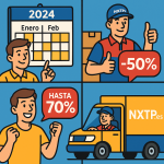 Ilustración cómic Flat Design sobre temporadas baratas de envíos en 2024 con descuentos hasta el 70%, calendario y logo NXTP.es.