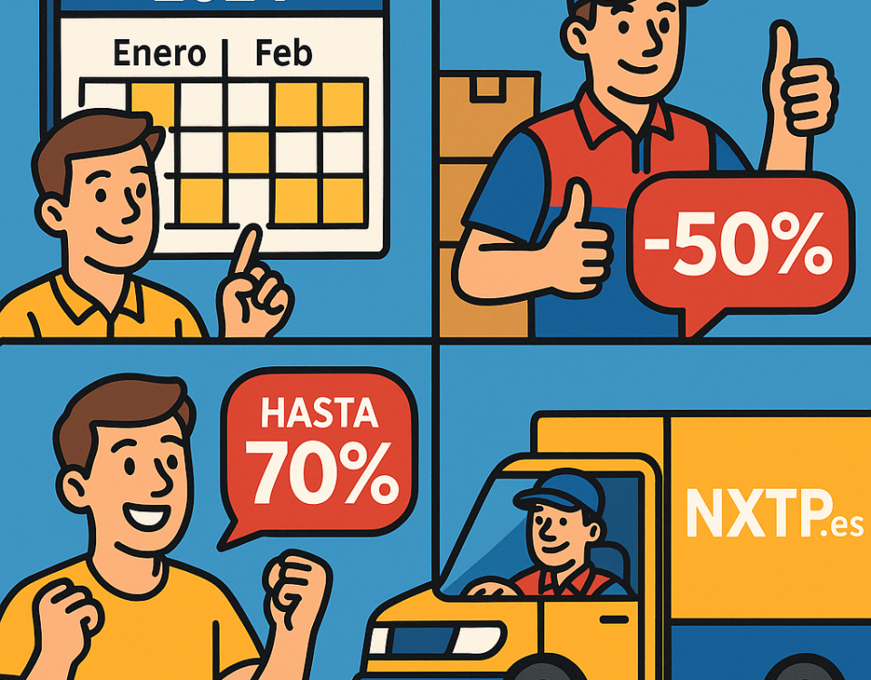 Ilustración cómic Flat Design sobre temporadas baratas de envíos en 2024 con descuentos hasta el 70%, calendario y logo NXTP.es.