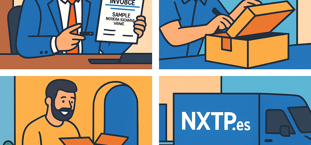 Ilustración cómic Flat Design sobre envíos de muestras comerciales sin impuestos a Bulgaria, con logo NXTP.es.