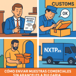 Ilustración cómic Flat Design sobre envíos de muestras comerciales sin impuestos a Bulgaria, con logo NXTP.es.