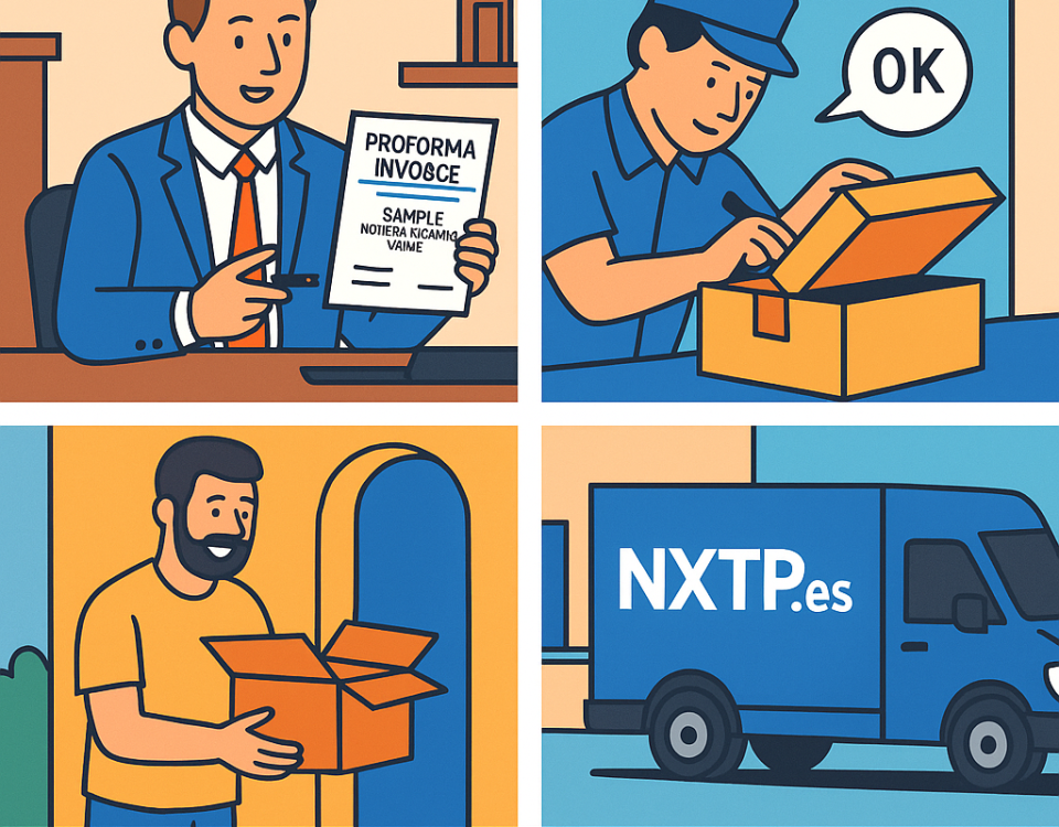 Ilustración cómic Flat Design sobre envíos de muestras comerciales sin impuestos a Bulgaria, con logo NXTP.es.