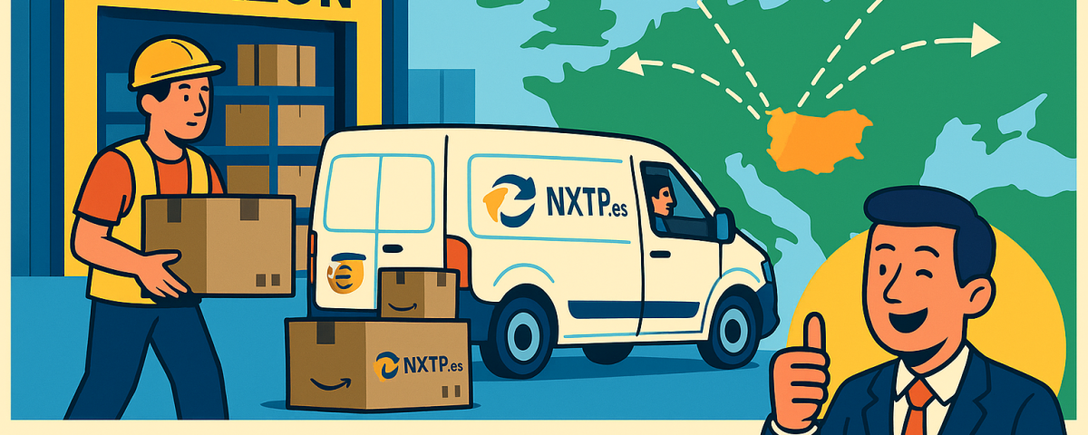 Ilustración cómic Flat Design sobre logística Amazon en Bulgaria sin ser seller, con NXTP.es.