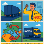 Ilustración cómic Flat Design sobre transporte de retorno de mercancías con contenedores fantasma a Bulgaria, con logo NXTP.es.