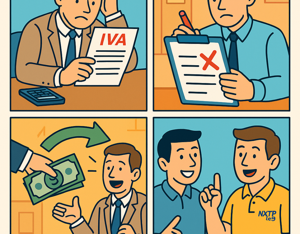 Ilustración cómic Flat Design sobre devolución de IVA en envíos a Bulgaria, con logo NXTP.es.