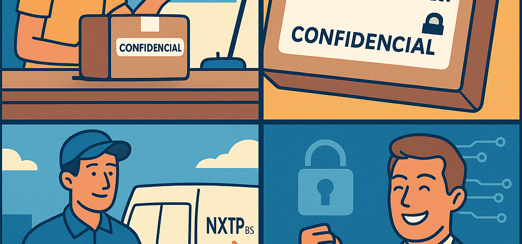 Ilustración cómic Flat Design sobre envíos confidenciales de startups a Bulgaria, con logo NXTP.es.