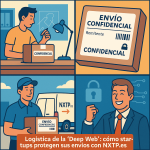 Ilustración cómic Flat Design sobre envíos confidenciales de startups a Bulgaria, con logo NXTP.es.
