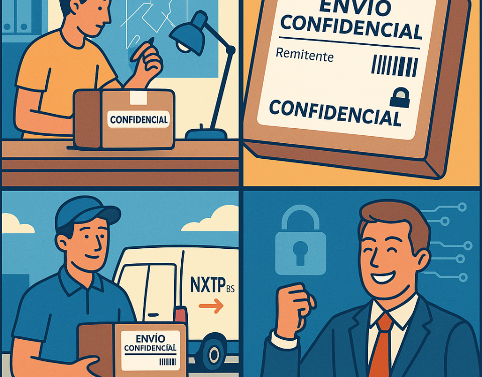 Ilustración cómic Flat Design sobre envíos confidenciales de startups a Bulgaria, con logo NXTP.es.