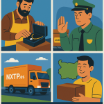 Ilustración cómic Flat Design sobre envíos stealth con embalaje discreto y NXTP.es.