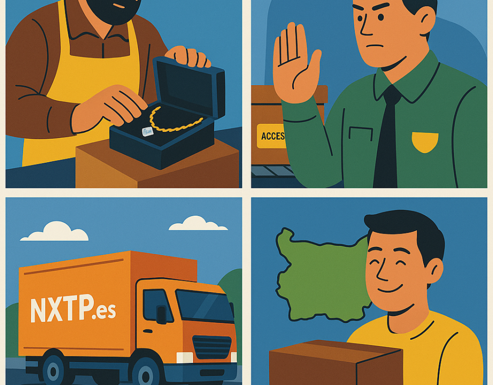 Ilustración cómic Flat Design sobre envíos stealth con embalaje discreto y NXTP.es.