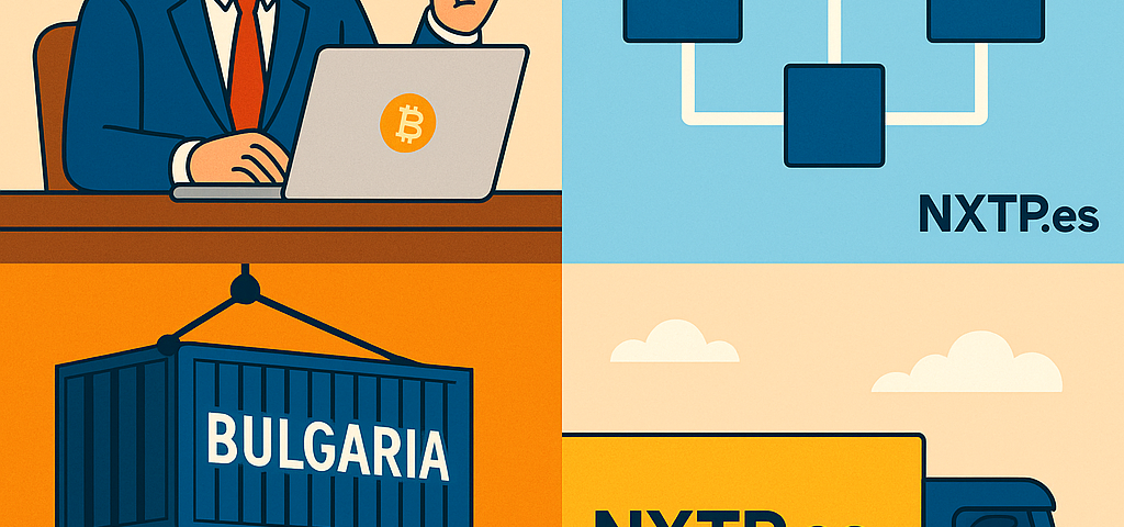 Ilustración cómic Flat Design sobre logística crypto y pagos con Bitcoin en transporte internacional con NXTP.es.