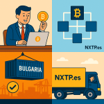 Ilustración cómic Flat Design sobre logística crypto y pagos con Bitcoin en transporte internacional con NXTP.es.