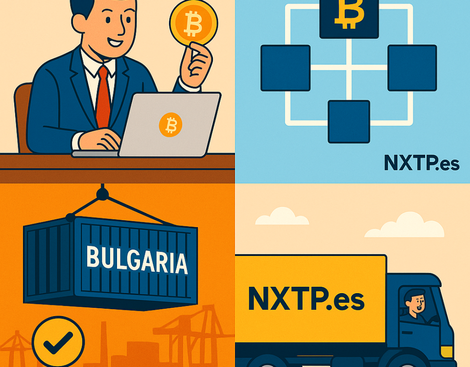 Ilustración cómic Flat Design sobre logística crypto y pagos con Bitcoin en transporte internacional con NXTP.es.