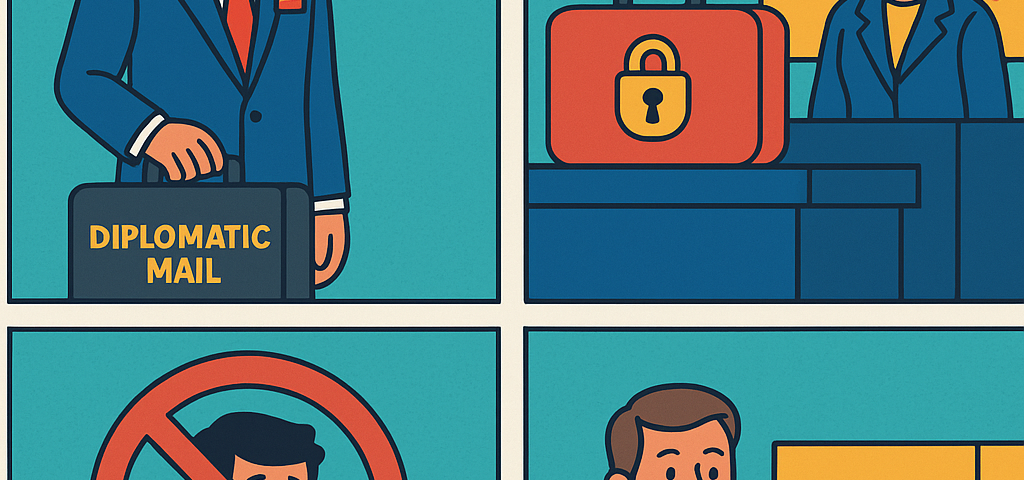 Ilustración cómic Flat Design sobre correo diplomático, valija protegida y alternativas legales de NXTP.es.