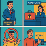 Ilustración cómic Flat Design sobre correo diplomático, valija protegida y alternativas legales de NXTP.es.