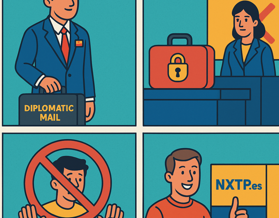 Ilustración cómic Flat Design sobre correo diplomático, valija protegida y alternativas legales de NXTP.es.