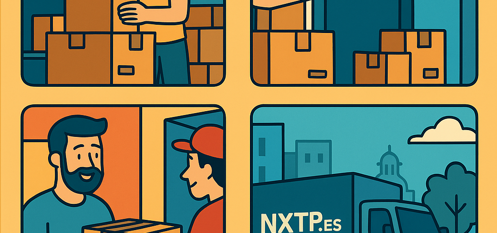 Ilustración cómic Flat Design sobre almacenes ninja y crowdstorage en Bulgaria con NXTP.es.