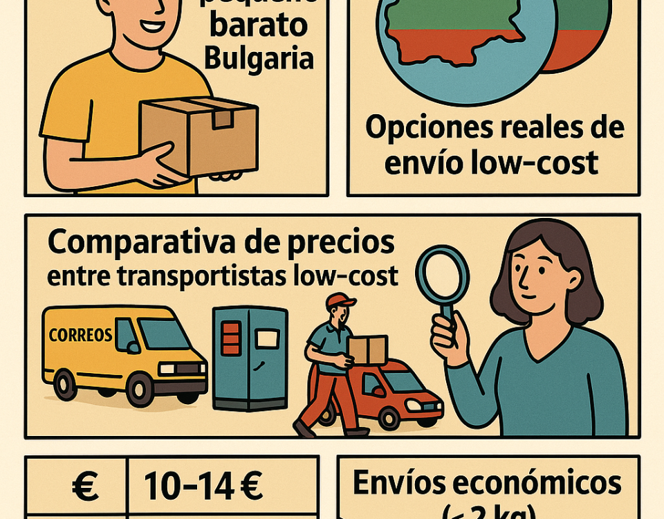 Infografía en estilo flat design tipo cómic que explica cómo enviar paquetes pequeños a Bulgaria por menos de 15€, con comparativa de precios y opciones low-cost.