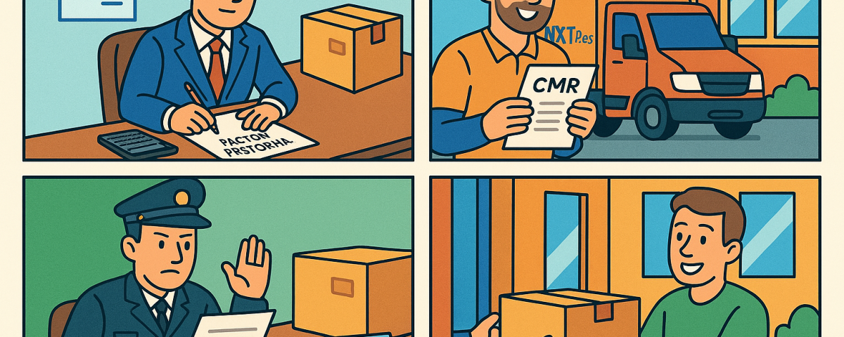Ilustración cómic Flat Design sobre facturación y documentos de envíos comerciales España–Bulgaria con NXTP.es.
