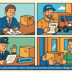 Ilustración cómic Flat Design sobre facturación y documentos de envíos comerciales España–Bulgaria con NXTP.es.