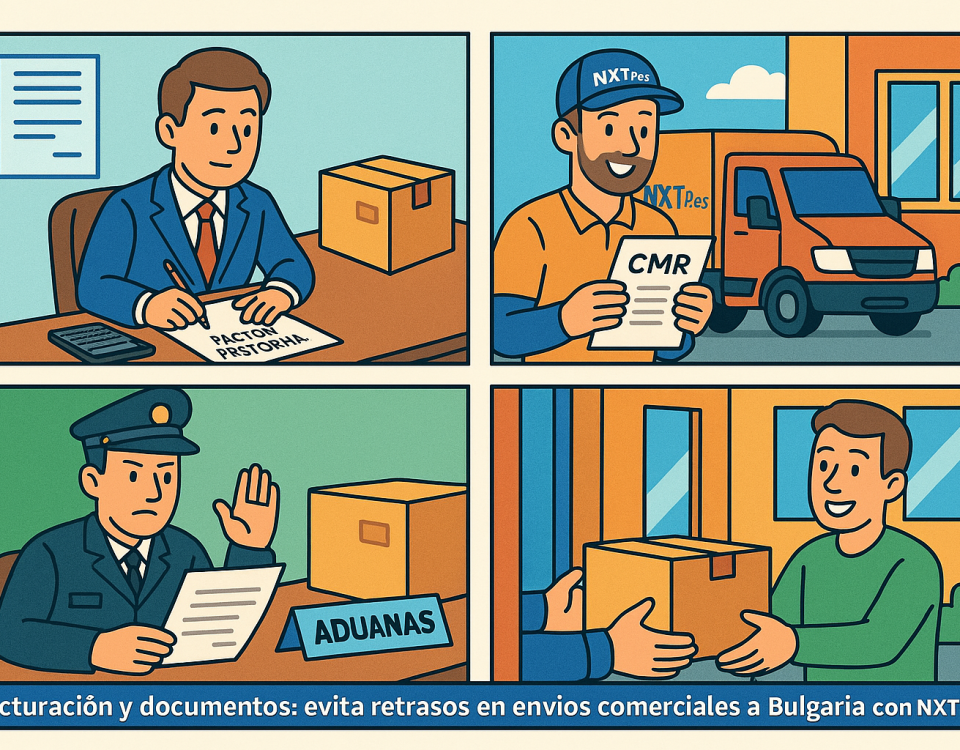 Ilustración cómic Flat Design sobre facturación y documentos de envíos comerciales España–Bulgaria con NXTP.es.