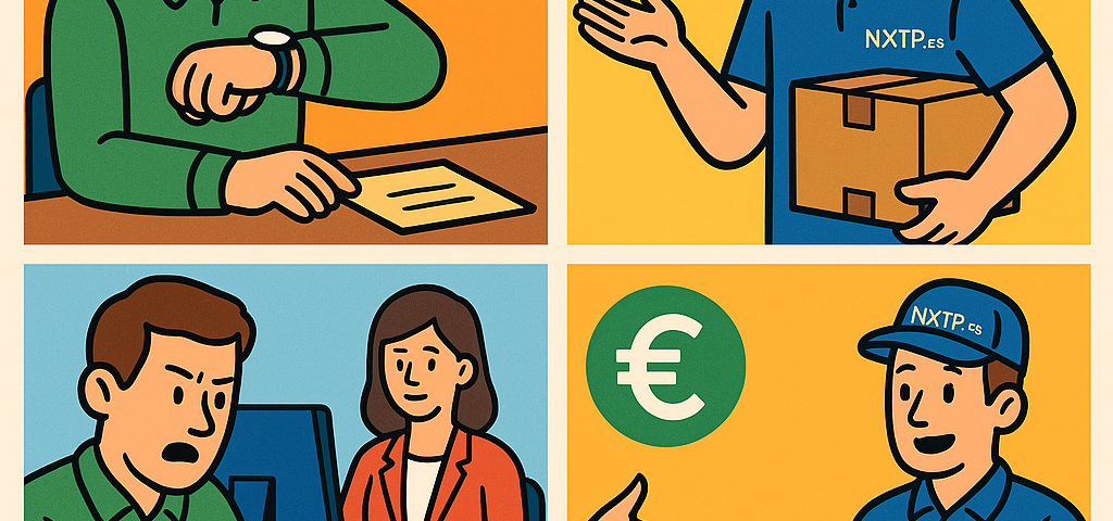 Ilustración cómic Flat Design sobre reclamos y compensaciones por envíos retrasados a Bulgaria con NXTP.es.