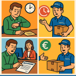 Ilustración cómic Flat Design sobre reclamos y compensaciones por envíos retrasados a Bulgaria con NXTP.es.