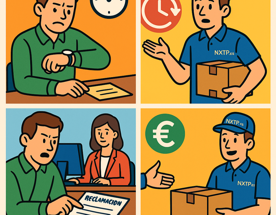 Ilustración cómic Flat Design sobre reclamos y compensaciones por envíos retrasados a Bulgaria con NXTP.es.
