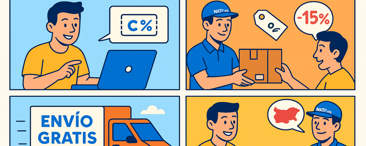 Ilustración cómic Flat Design sobre cupones de envío y descuentos especiales a Bulgaria con NXTP.es.