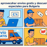 Ilustración cómic Flat Design sobre cupones de envío y descuentos especiales a Bulgaria con NXTP.es.