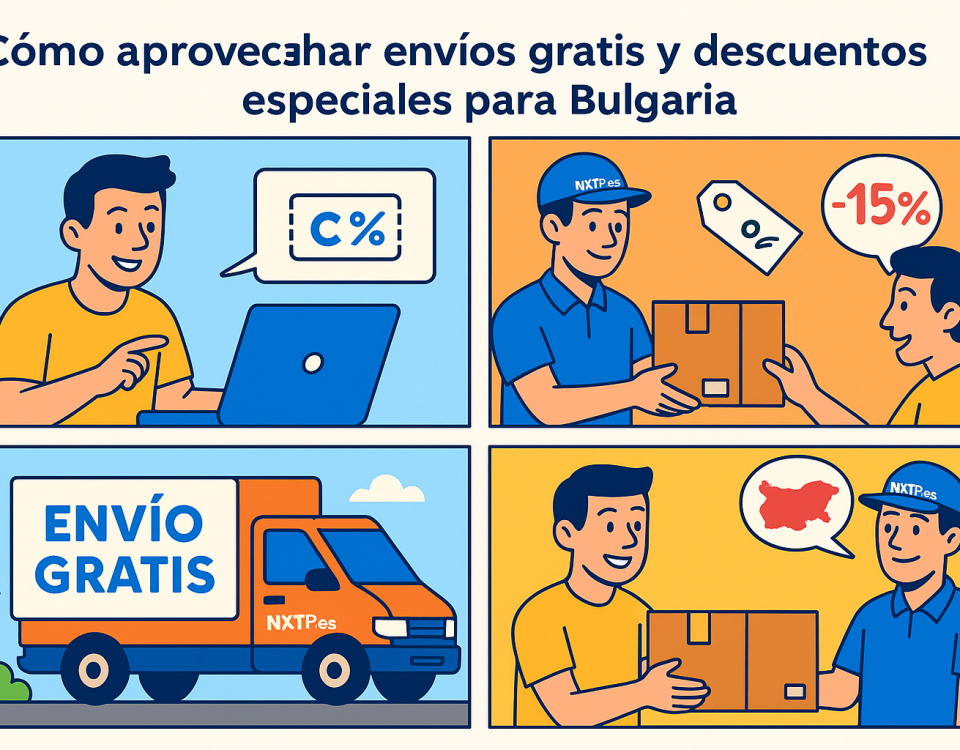 Ilustración cómic Flat Design sobre cupones de envío y descuentos especiales a Bulgaria con NXTP.es.