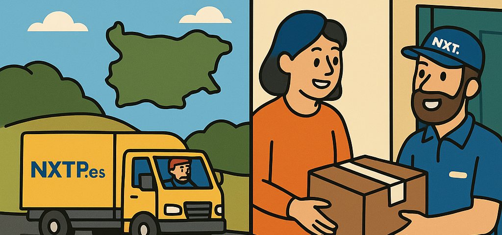 Ilustración cómic Flat Design sobre envíos desde Canarias y Baleares hacia Bulgaria con NXTP.es.