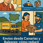 Ilustración cómic Flat Design sobre envíos desde Canarias y Baleares hacia Bulgaria con NXTP.es.