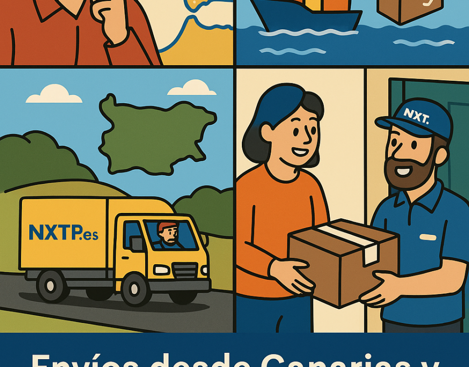 Ilustración cómic Flat Design sobre envíos desde Canarias y Baleares hacia Bulgaria con NXTP.es.